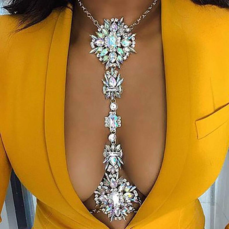 ELABEST Boho Rhinestone Statement Chest Chain Crystal Necklace Body Chain Summer Beach Body Jewelry Accessories for Women (AB Colorful) - Image 1